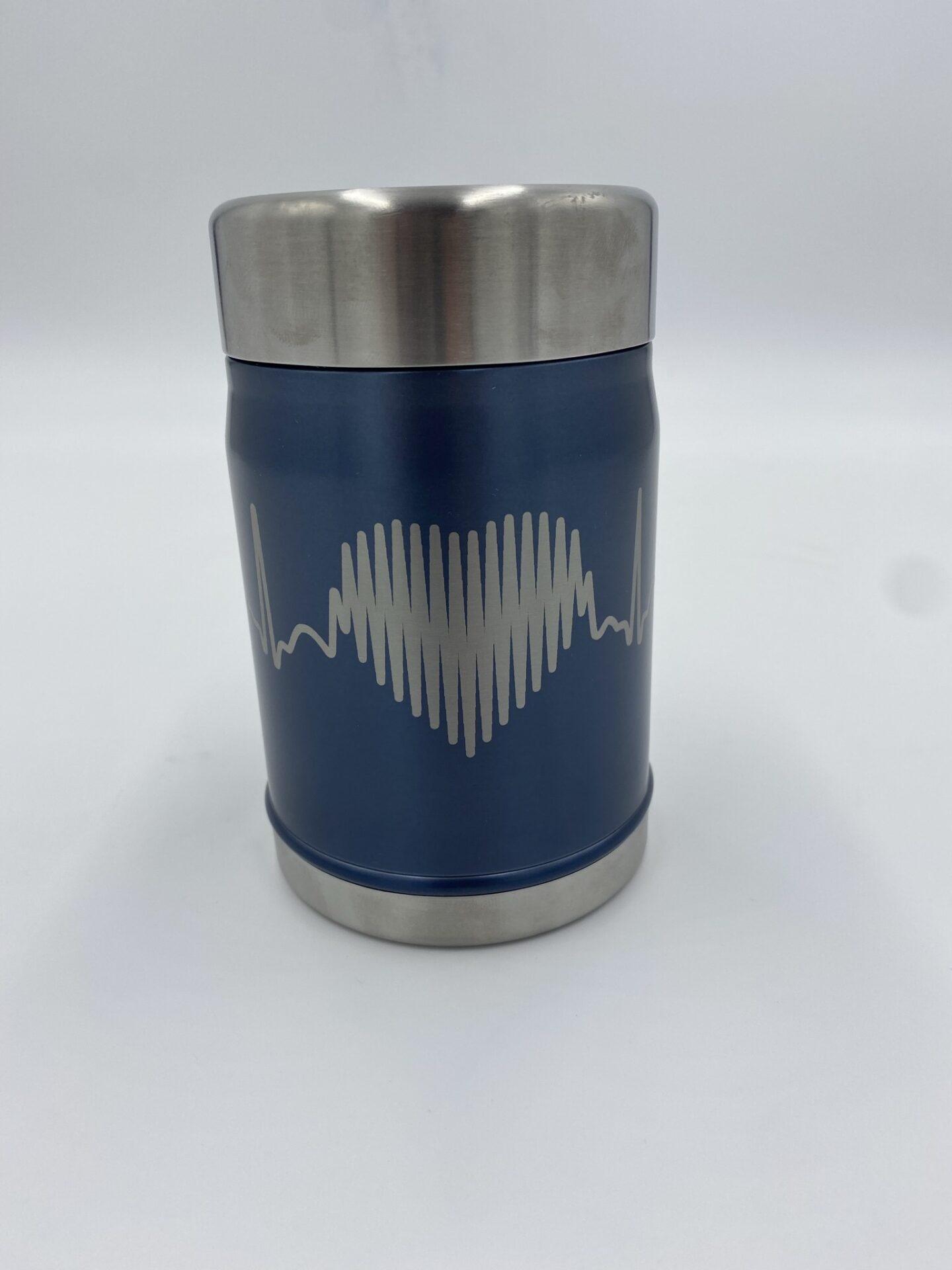 blue coffee cup with heartbeat engraving